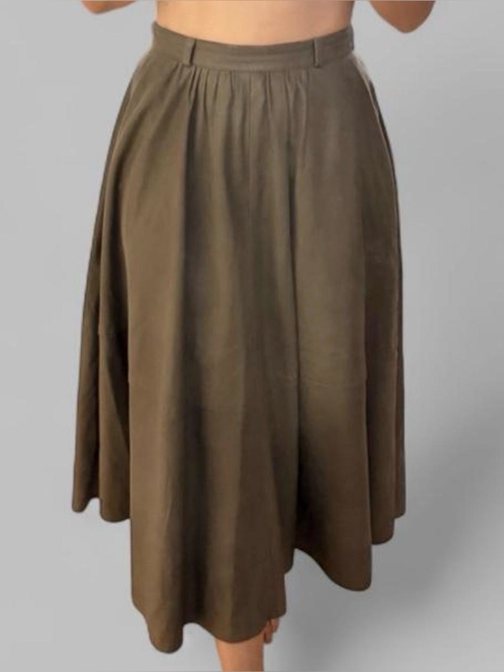 Brown genuine leather midi skirt with pockets, size US XS